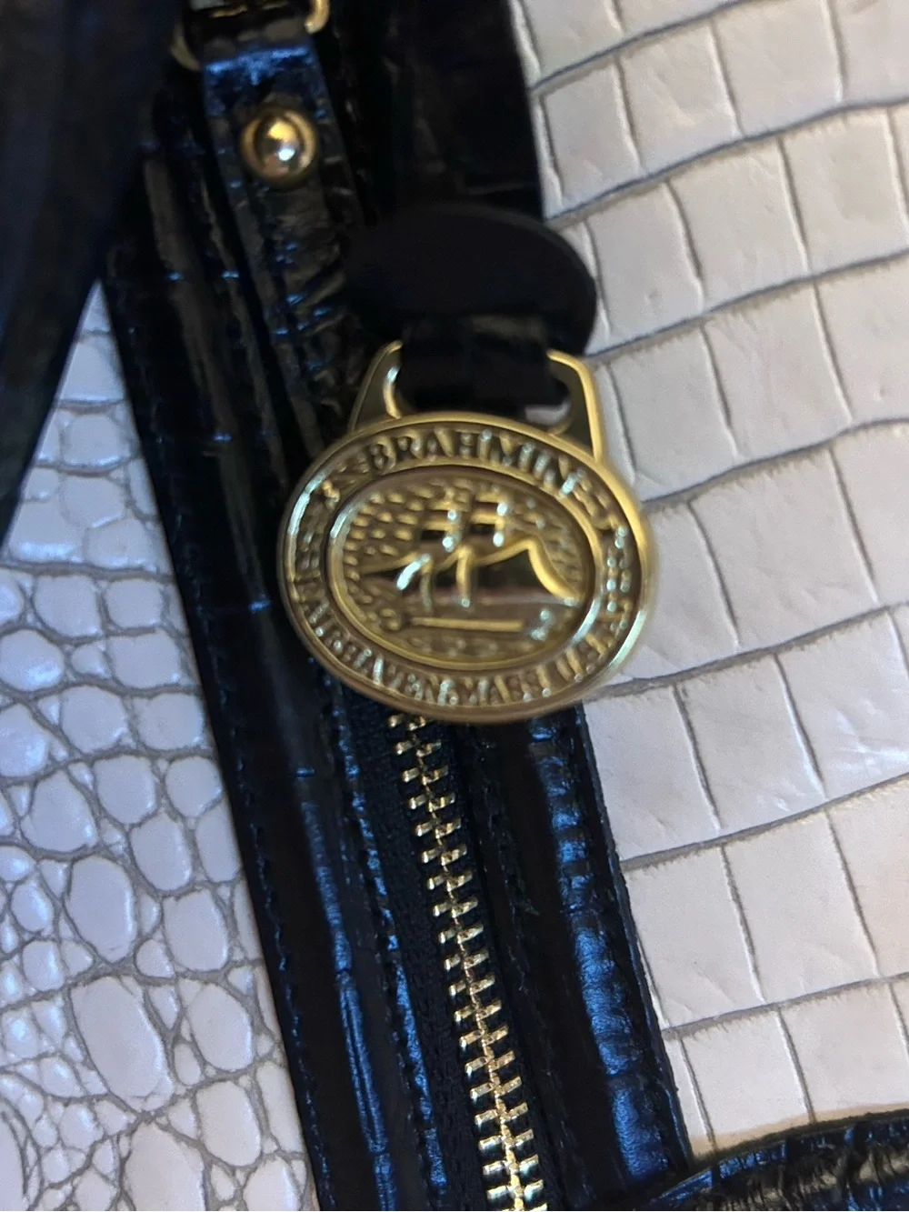 Brahmin White Croc-Embossed Satchel with Black Trim
